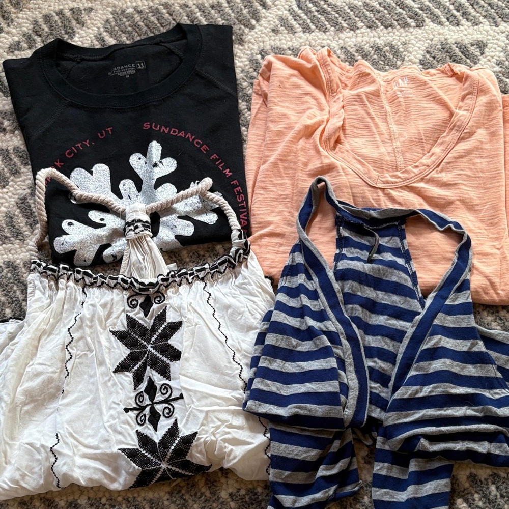 Black and White Junior M Graphic Tee with Striped Cardigan and Peach Top